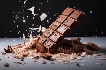 Broken chocolate bar with yummy coconut flakes. Candy food gourmet snack cocoa. Generate Ai