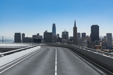 Fototapeta na wymiar Empty urban asphalt road exterior with city buildings background. New modern highway concrete construction. Concept way to success. Transportation logistic industry fast delivery. San Francisco. USA.