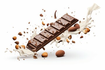 Broken chocolate long bar with yummy peanuts. Stack nougat sweet food. Generate AI - obrazy, fototapety, plakaty