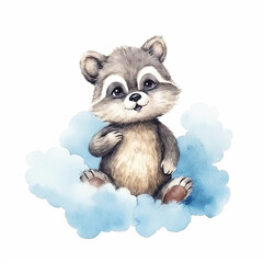 Cute watercolor baby raccoon sitting on the clouds isolated background. Nursery woodland illustration.