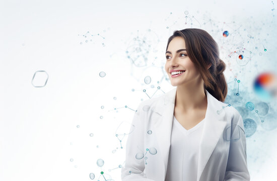 Young woman scientist in white lab coat looking at blue molecule structure. Science and education concept. Molecule structure on background. young female doctor in white coat with molecule model