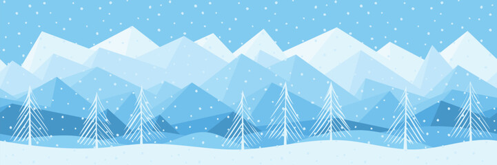 Winter landscape, snowy mountains and forest, snowfall, seamless border	