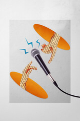 Collage illustration of two human fingers connection demonstrate love microphone karaoke party...