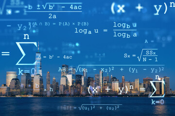 Skyline of New York City Financial Downtown Skyscrapers at night. Manhattan, NYC, USA. View from...