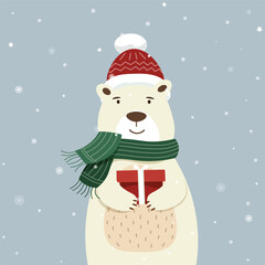 A cute lilght brown bear holding a red gift box under snowflake falling on soft grey background. Vector illustration for Merry Christmas concept