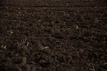 Earth, black soil, soil texture. Plowed land. Agriculture.