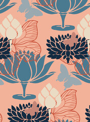 Seamless pattern with plants and butterflies on the pink background