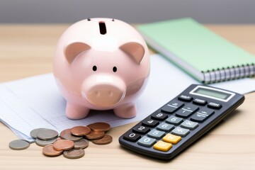 Calculator piggy bank money notebooks on desk. Woman savings finance budget cash. Generate Ai