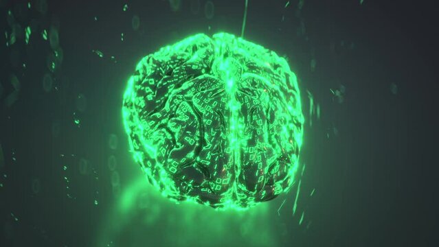 Digital brain of green binary code. 3D render animation