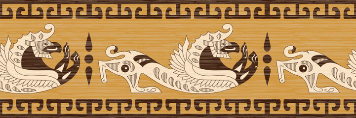 Seamless border, stylized drawing, ancient Scythian art, ethnic theme, vector design	