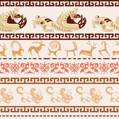 Seamless pattern, ancient Scythian art and petroglyphs, ethnic theme, vector design	
