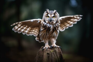 an elegant owl extending its wings gracefully while perched on a sturdy log. Generative AI