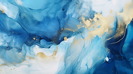 Marble abstract acrylic painting. Blue and gold colors. Liquid marble texture. Abstract blue and gold marble texture background. Watercolor  illustration with golden streaks. Alcohol ink technique.