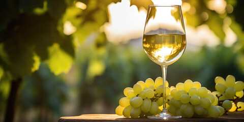 White wine glass decorated with grapes standing on a table in the winery - obrazy, fototapety, plakaty
