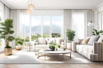 Fototapeta premium Contemporary classic white beige livingroom with plants and decor - carpet background