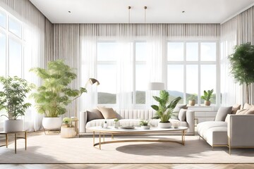 Contemporary classic white beige livingroom with plants and decor - carpet background