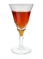 Marsala wine in vintage goblet glass with gold decoration. Isolated