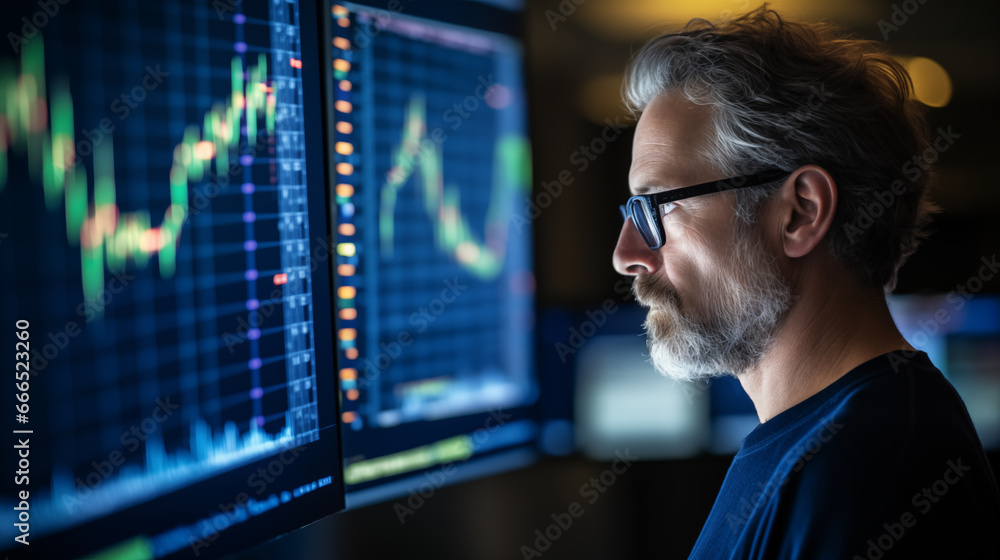 Aufkleber a trader analyzing cryptocurrency charts with a focused expression, crypto traders
