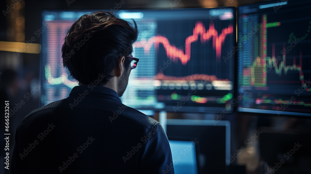 Poster a trader analyzing candlestick charts with intense focus, crypto traders, in the style of bokeh