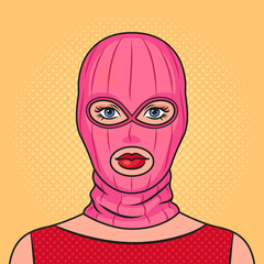 Woman wearing pink balaclava on her head pinup pop art retro raster illustration. Comic book style imitation.