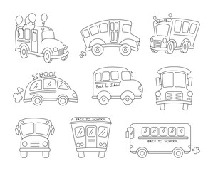 School bus. Coloring Page. American education. Transportation by vehicle. Hand drawn style. Vector drawing. Collection of design elements.