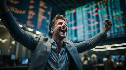 Trader celebrating a profitable trade with a victorious expression, crypto traders