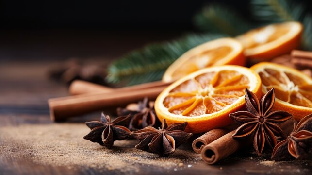 Christmas still life with spices and dried orange slices on holiday bokeh background, Generative AI
