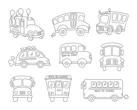 School bus. Coloring Page. American education. Transportation by vehicle. Hand drawn style. Vector drawing. Collection of design elements.