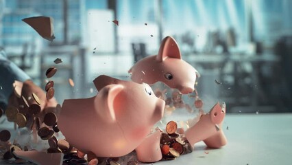 Anonymous Person's Hand Smashing a Cute Pink Piggy Bank with a Hammer. Financial and Business Safety Concept, Bank Savings and Investments Theme. Super Slow Motion Footage with Speed Ramp Effect - Powered by Adobe