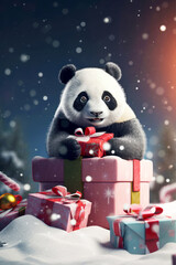 Panda bear with gift box on blurred winter background. Portrait of a cute Christmas panda sitting under snowfall. Copy space. .