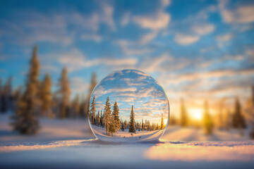 Winter landscape with snowy spruce trees at sunset in a snow globe or glass ball, Christmas scenic nature landscape - obrazy, fototapety, plakaty