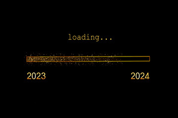 2024 loading, gold glitter progress bar on black background, new year holiday greeting card