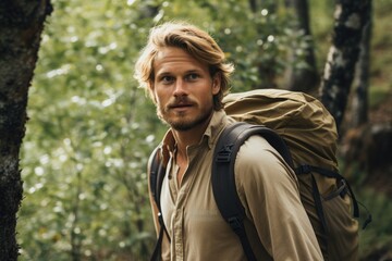 Blonde man hiking through a forest.