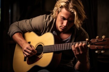 Blonde man playing an acoustic guitar.