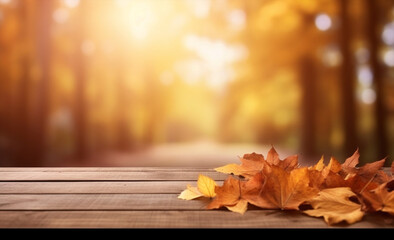 Naklejka na ściany i meble Background nature autumn wood sunny bokeh park seasonal tree wooden fall yellow