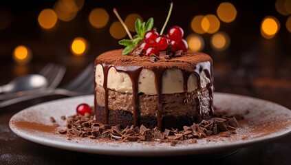Chocolate cake with red berries, chocolate chips and chocolate sauce on a plate.