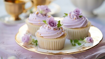 Obraz na płótnie Canvas Luxurious cupcakes with lavender frosting, decorated with roses and gold beads, on a white tray next to a gold cup.