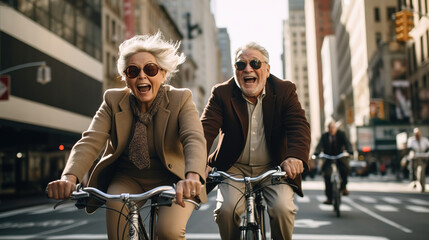  old man and woman riding bicycle in new York city
