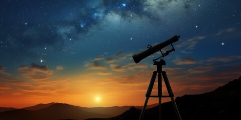 telescope with stars on it over a dark sky background above and use it as your wallpaper, poster and banner design.