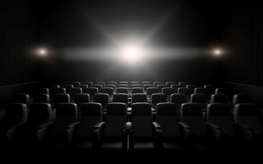 Obraz premium Cinema seats empty under lights indoor. Public seating movie stage show. Generate Ai