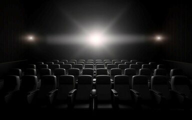 Cinema seats empty under lights indoor. Public seating movie stage show. Generate Ai