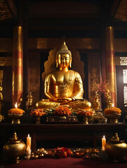 giant golden buddha statue on Chinese Buddhist traditional altar temple, Vesak Day and Chinese new year celebration