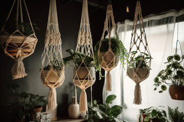 Stylish and minimalistic boho interior with crafted and handmade macrame shelf planter hanger for indoor plants, design furnitures, elegant accessories. Cozy and sunny home decor of living room. - obrazy, fototapety, plakaty