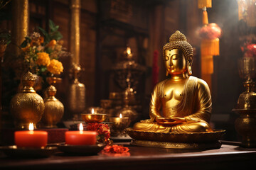 golden buddha statue on Chinese Buddhist traditional altar temple, Vesak Day and Chinese new year celebration - obrazy, fototapety, plakaty