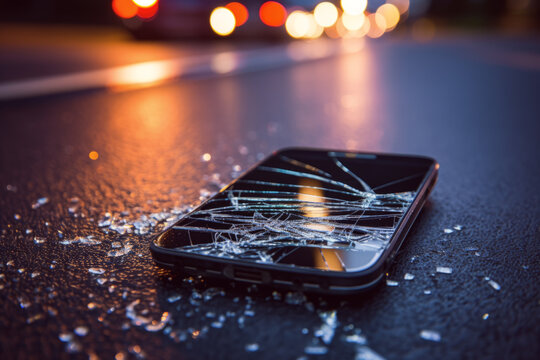 Close up of smartphone with broken screen on a road in background of the city. Mobile phone concept of falling and broken.