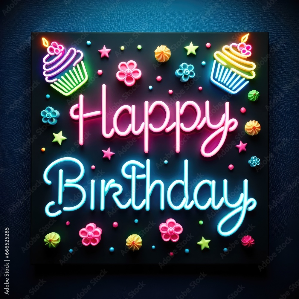 Poster neon glowing color shopping happy birthday sale sign.