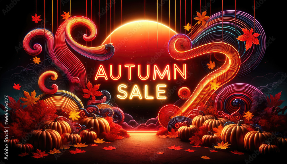 Wall mural neon glowing color shopping sign autumn fall sale.