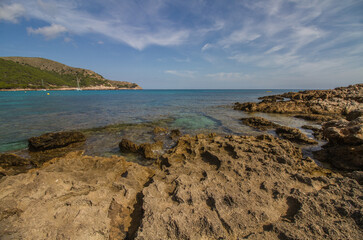 Rocky coast of Mallorca island, Spain, at Cala Agulla beach near Cala Rajada