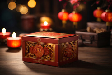 chinese red box with red chinese new year candle ornament	 and lantern bokeh background - obrazy, fototapety, plakaty