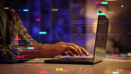 Close-up shot of hands typing on laptop, computer keyboard. VPN cybersecurity programmer, AI chatbot coding, developer engineer, online network crypto blockchain digital world metaverse technology.